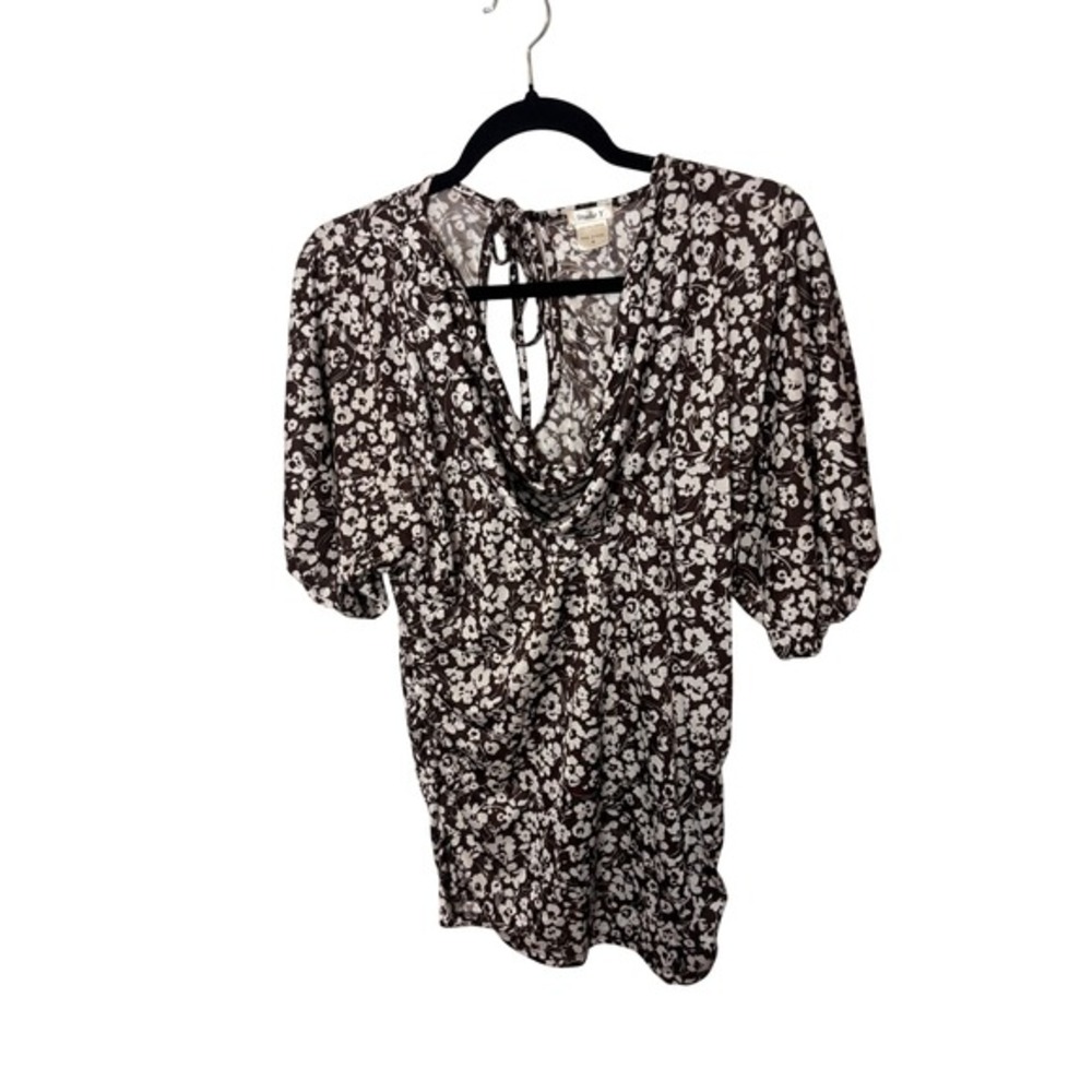 Studio Y Womens Blouse Size M‎ Brown Floral Cowl Neck Puff Sleeve Cottagecore